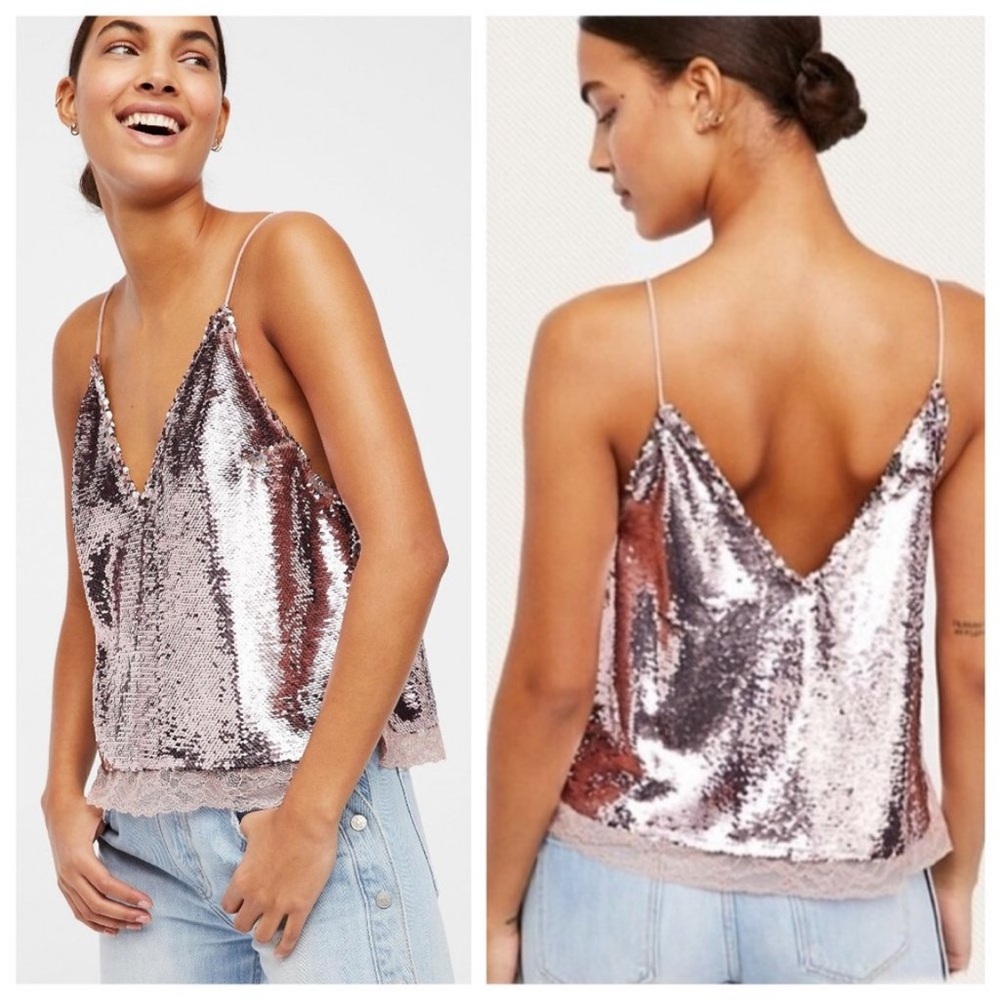 Free People Intimately Free Swinging Surpice pink sequin cami lace trim - XS